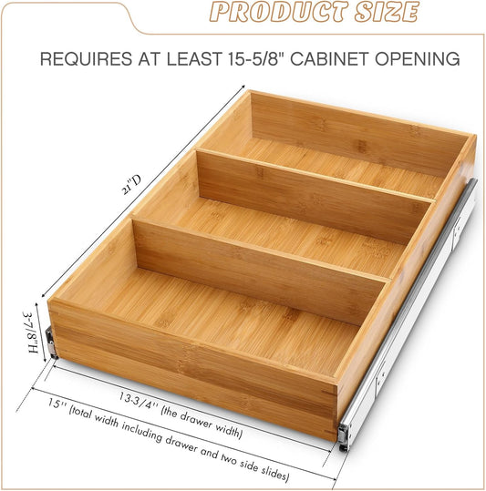 Pull Out Cabinet Drawer - Organizer Sliding Bamboo Wood Storage Rack - 15W x 21D