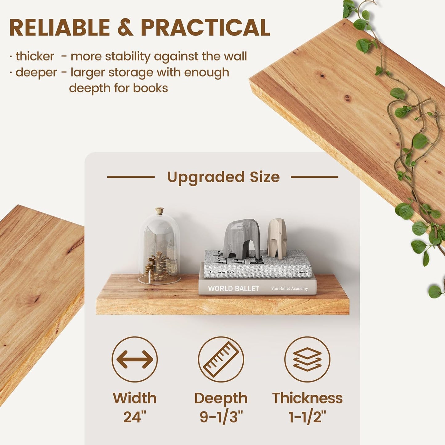 24" Rustic Elm Wood Floating Shelves - Set of 2