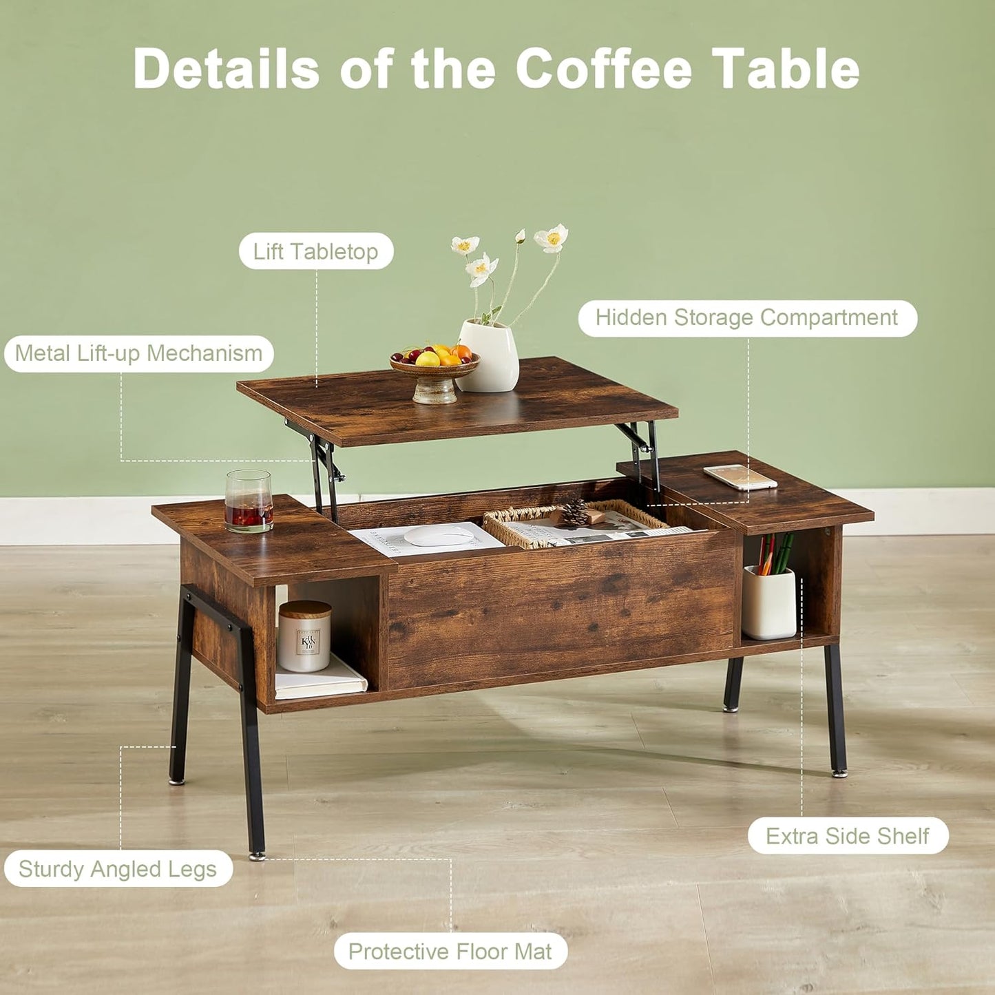 Wood Lift Top Coffee Table with Hidden Compartment