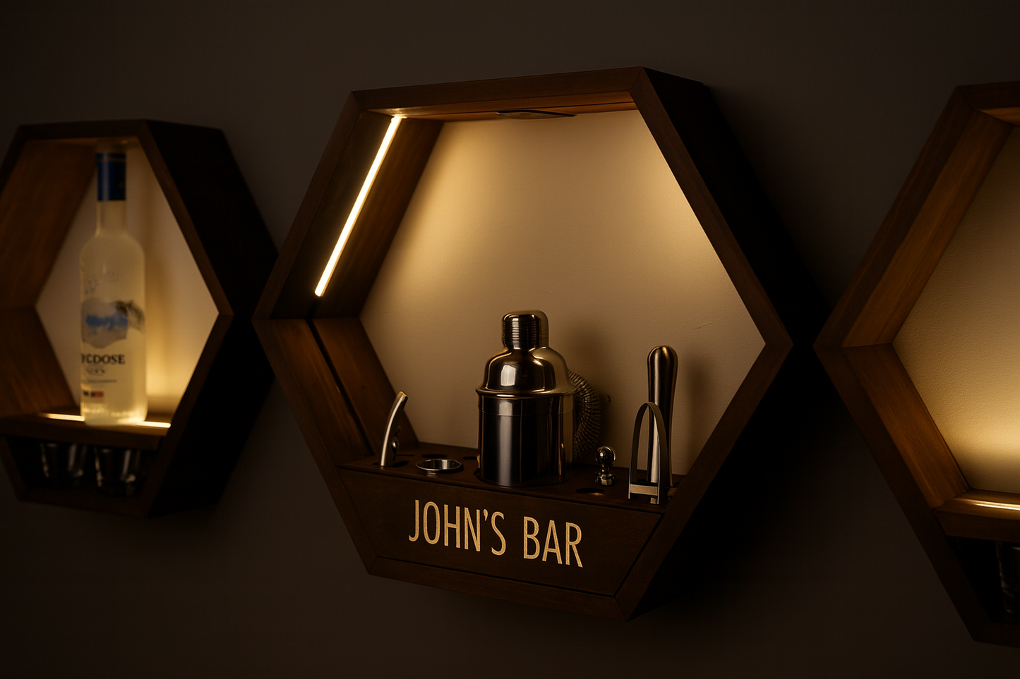 Illuminated Bar Hexagon Trio - Professional Home Bar Display System