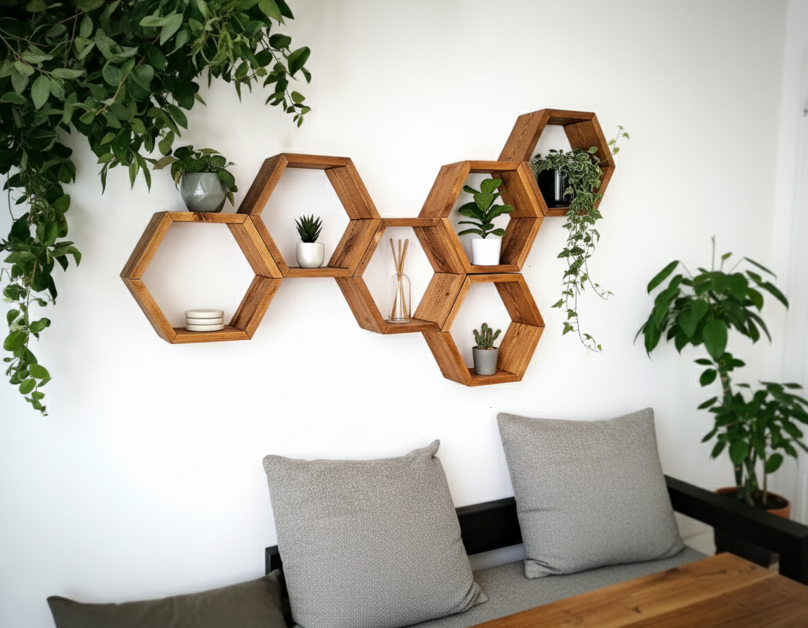 Floating Plant Shelves Hexagon Set - 5.5" Deep Wall Mounted Plant Display