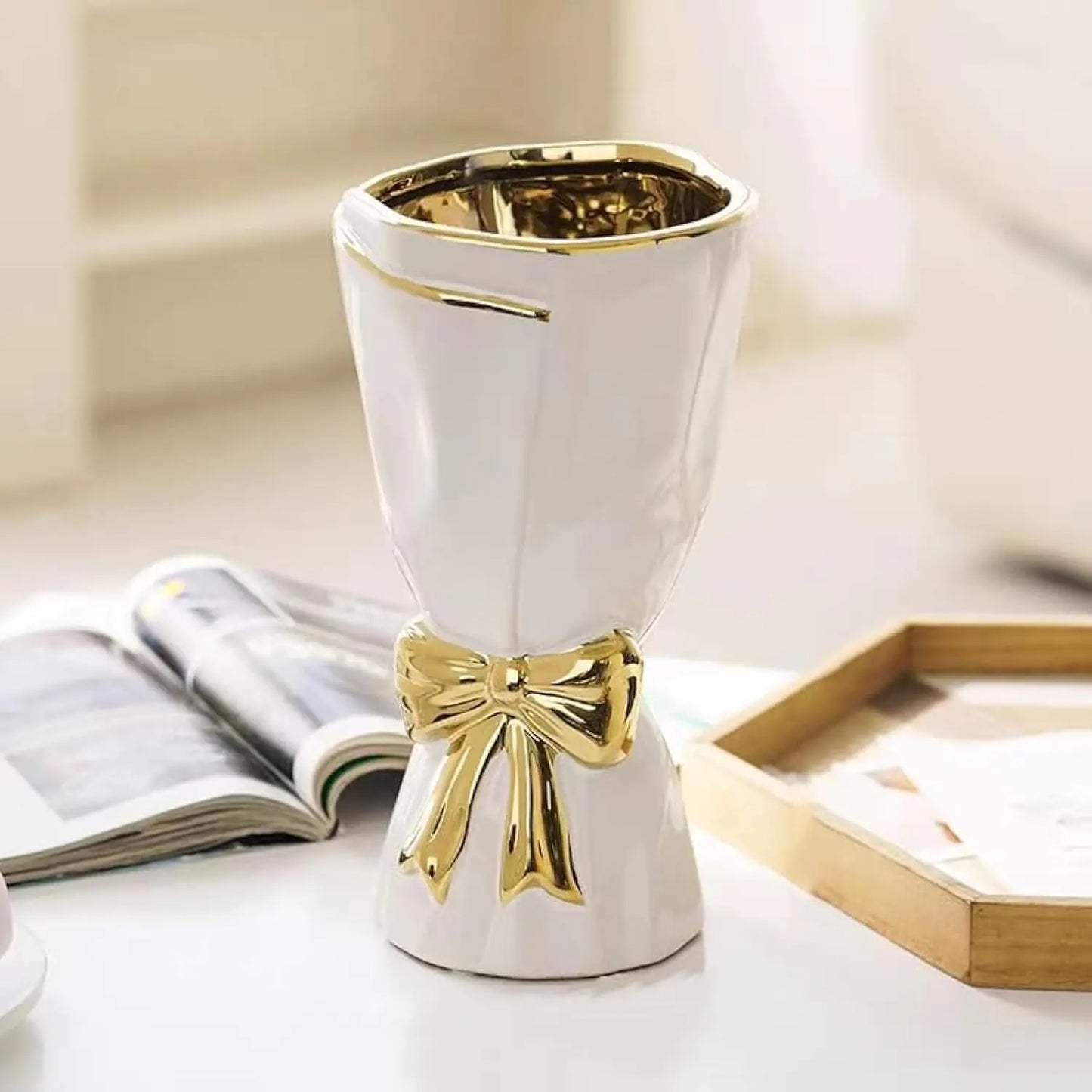 White and Gold Bow Vase