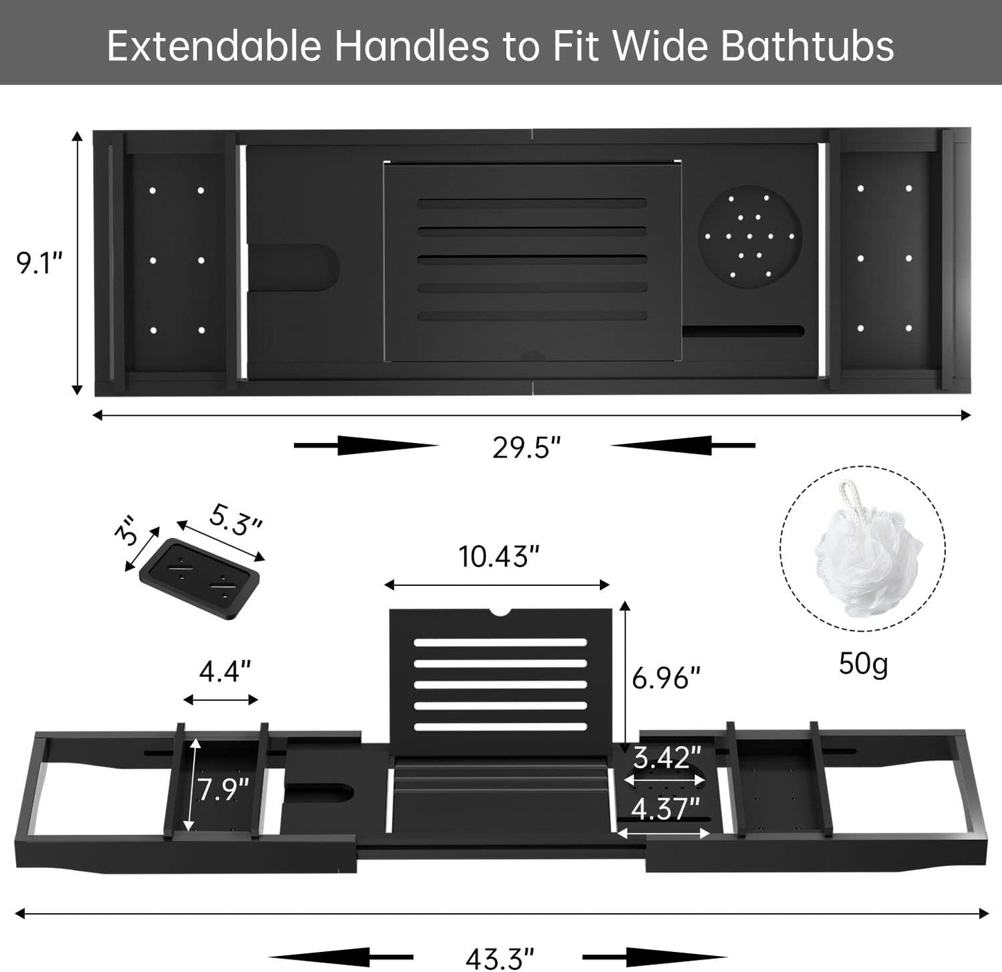 Expandable Bathtub Tray - 29.5"-43.3" Black