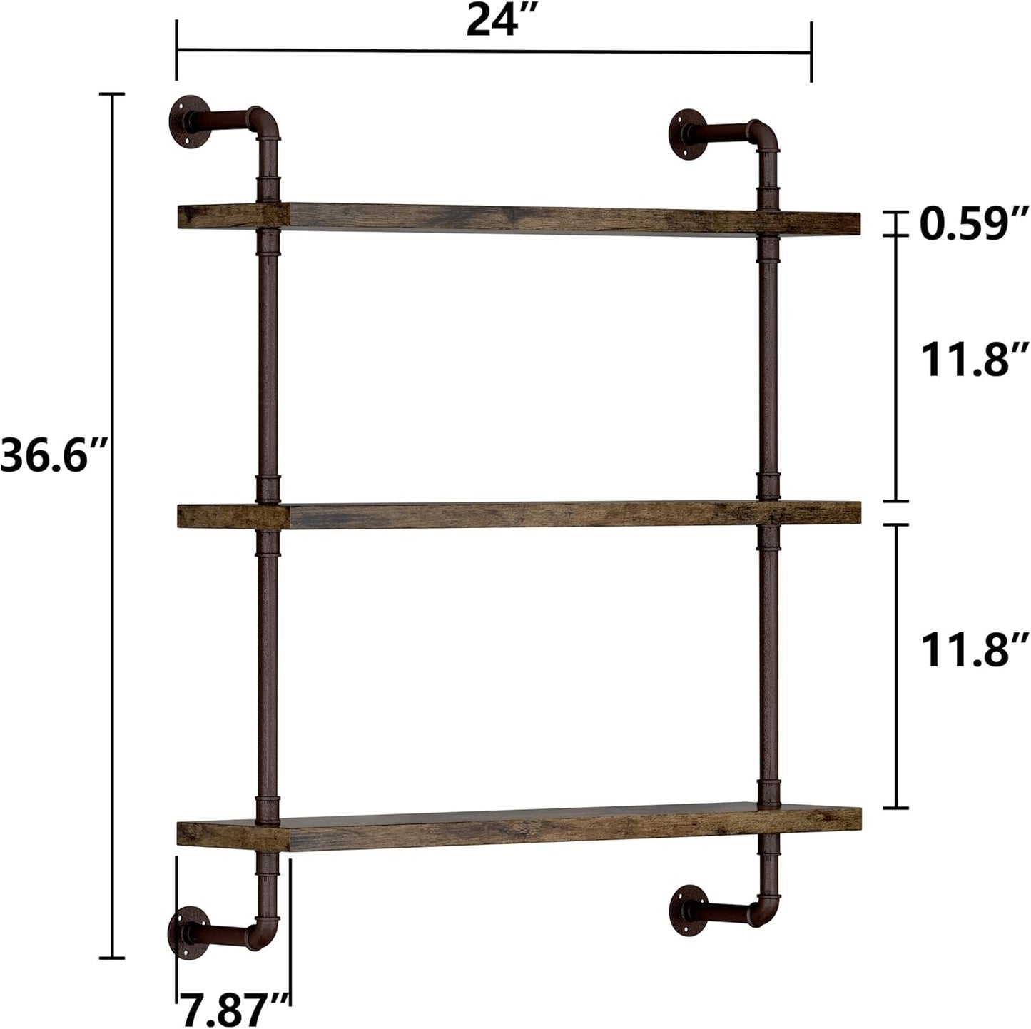 3 Tier Industrial Pipe Shelf -  Rustic Wood Floating Shelves (24inch)
