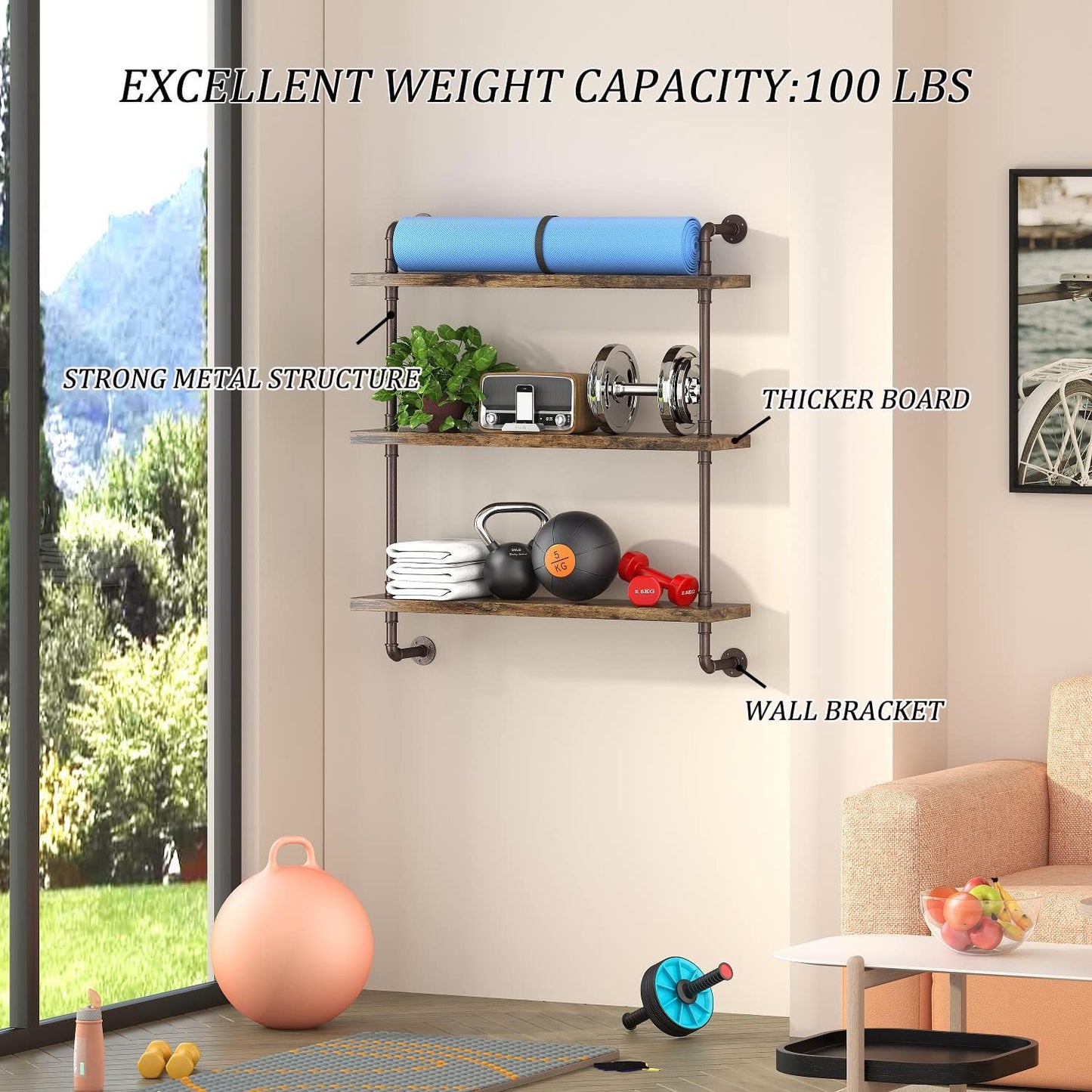 3 Tier Industrial Pipe Shelf -  Rustic Wood Floating Shelves (24inch)