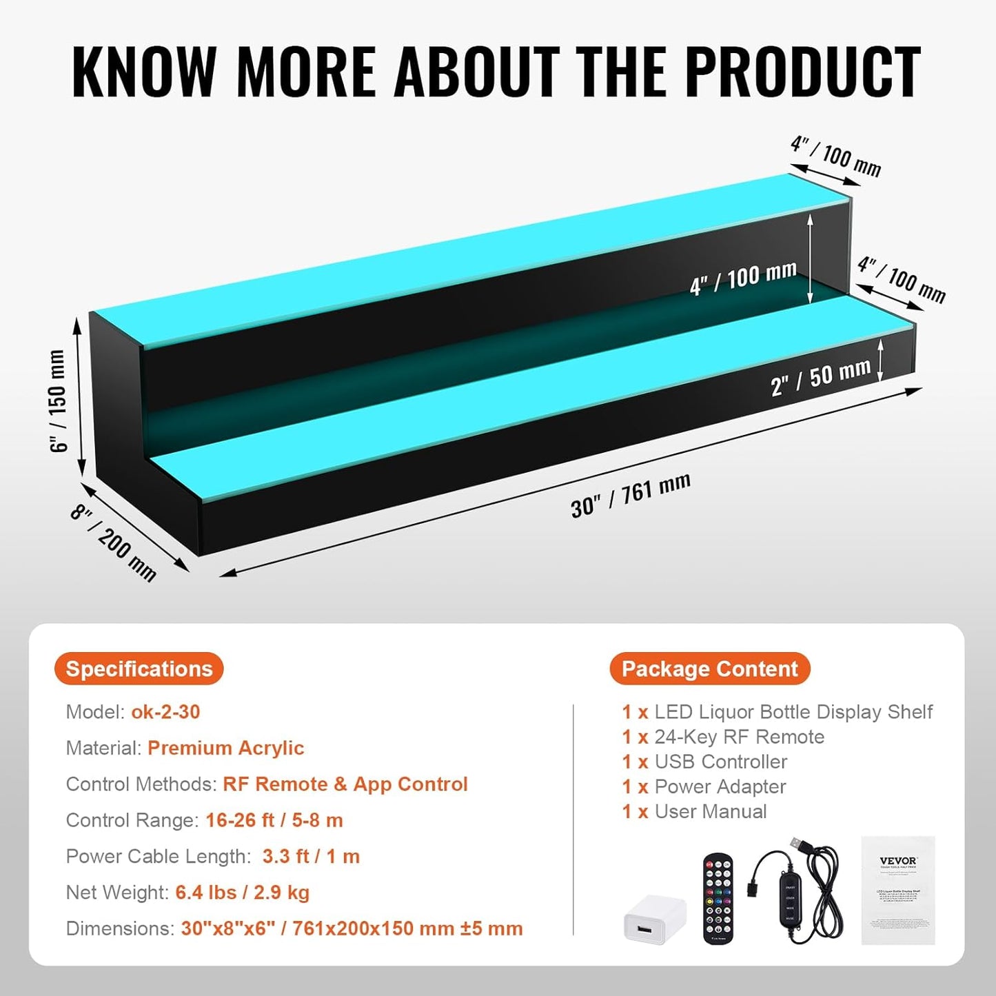 LED Liquor Bottle Display Shelf - 2 Tiers - 30 Inches