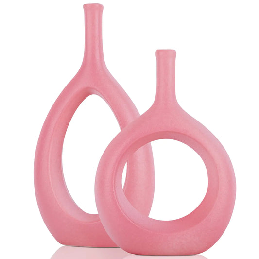 Pink Ceramic Hollow Elliptical Vase - Set of 2