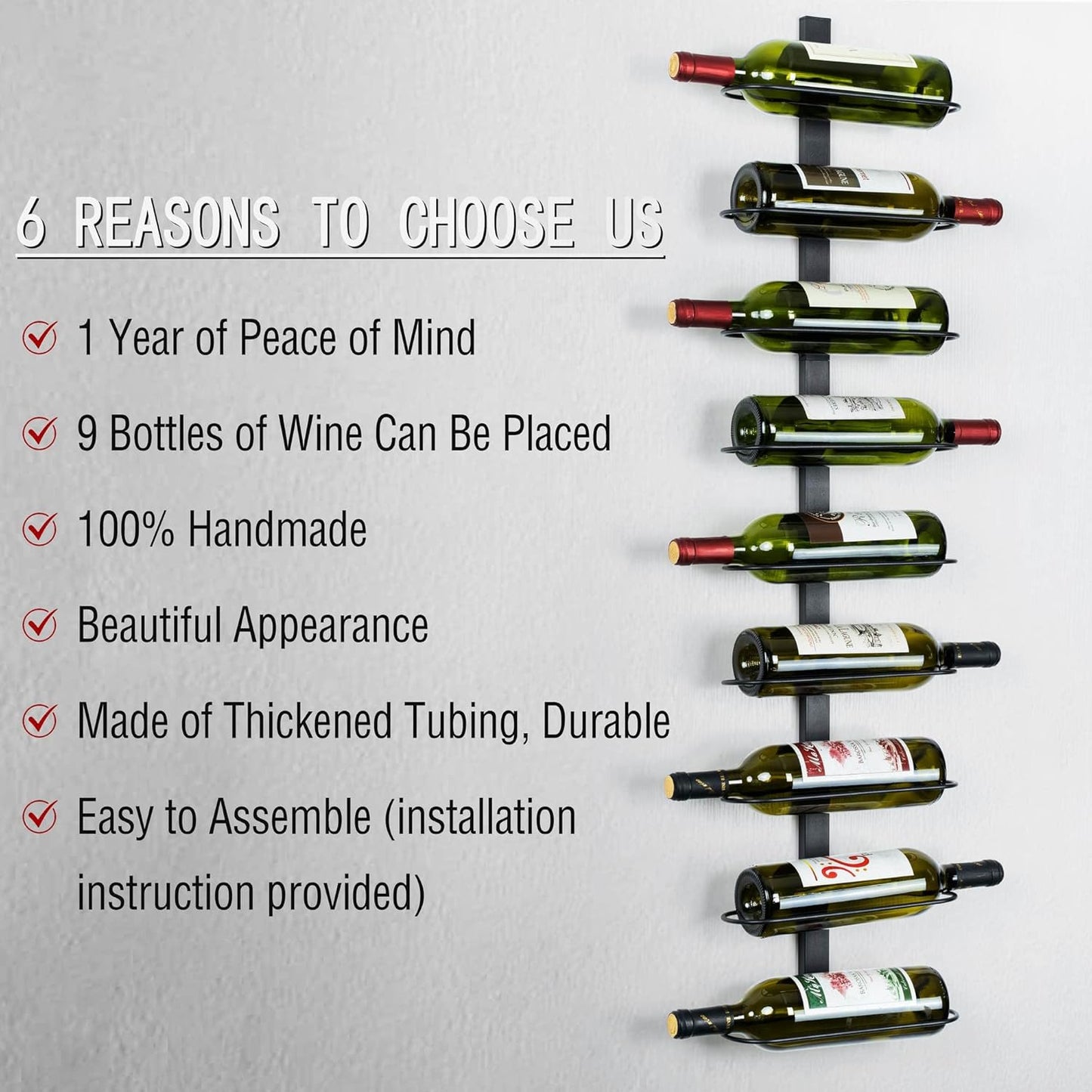 Wall Mounted Wine Rack: 9-Bottle Metal Wine Holder - Wall Wine Storage Organizer Shelf