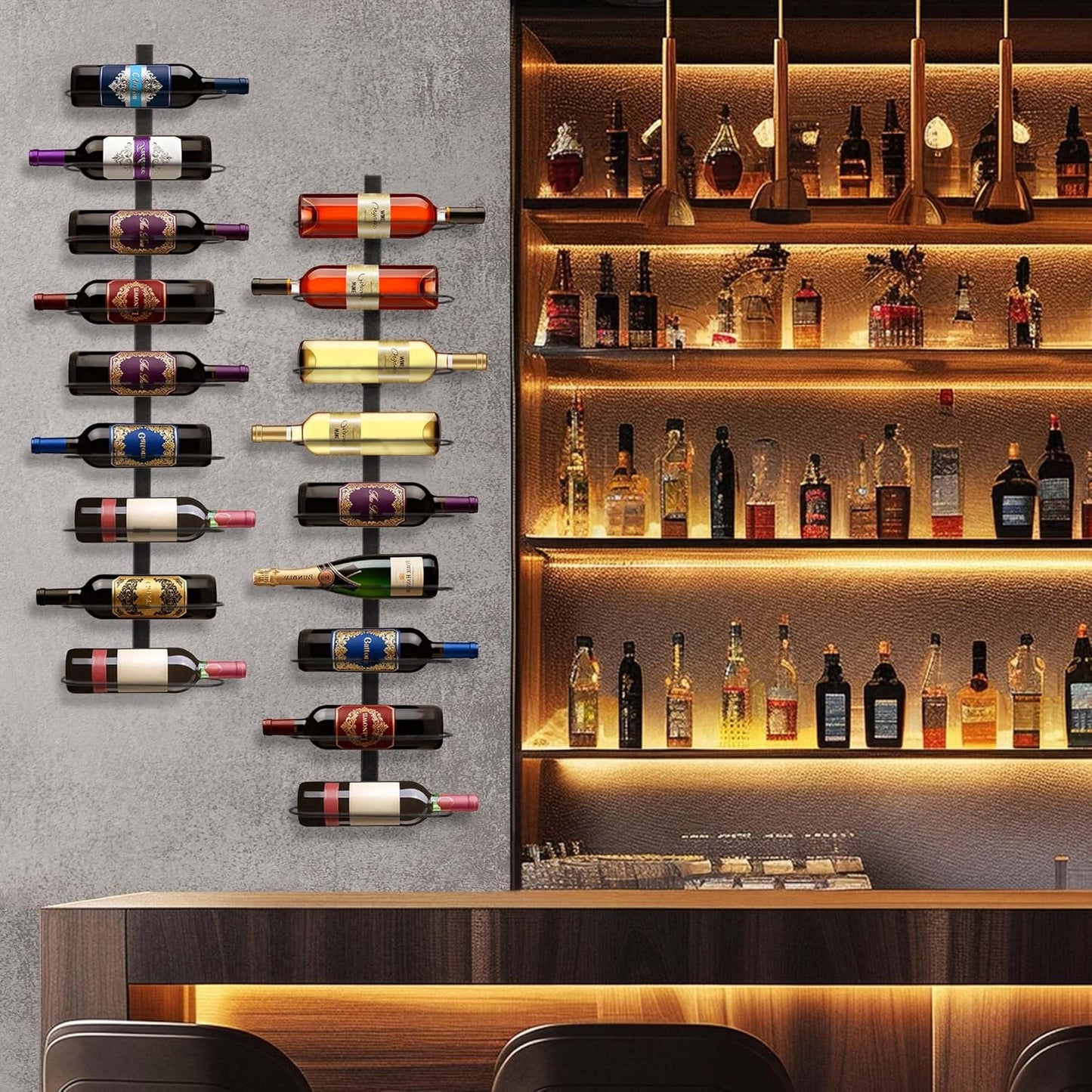 Wall Mounted Wine Rack: 9-Bottle Metal Wine Holder - Wall Wine Storage Organizer Shelf