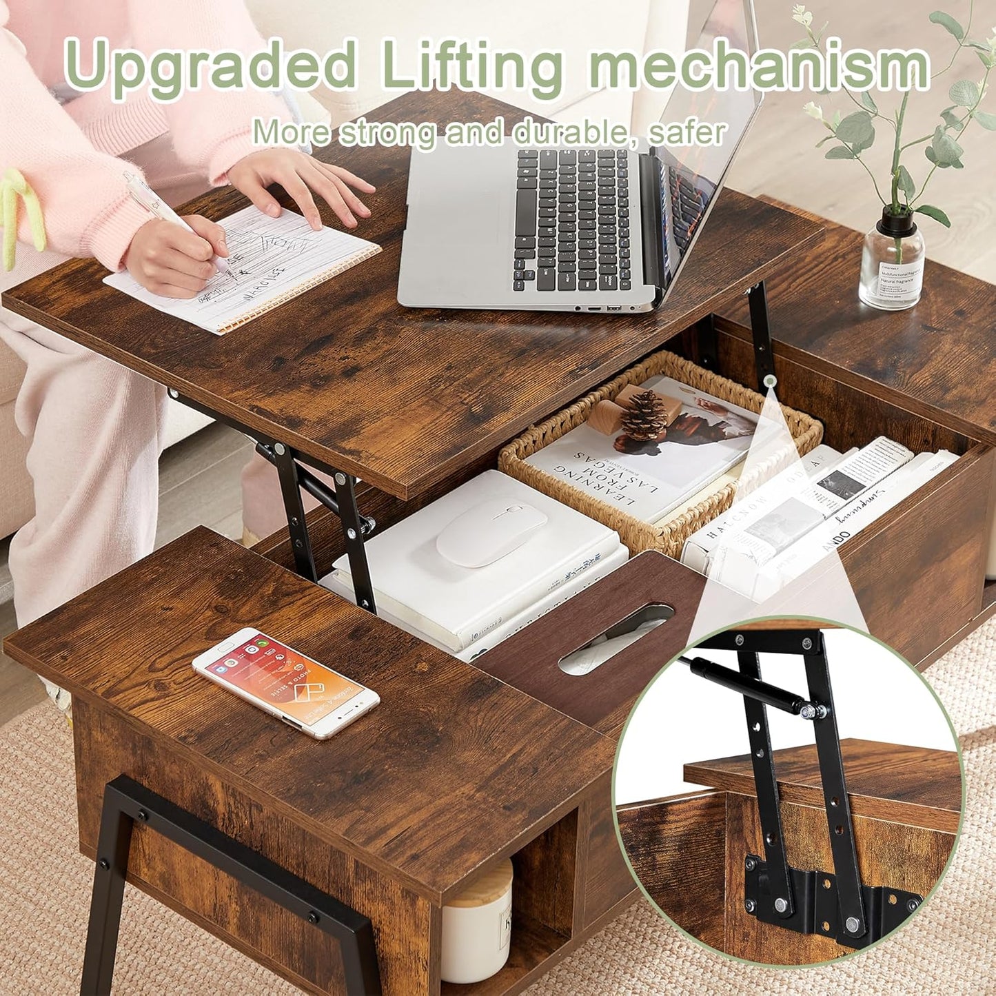 Wood Lift Top Coffee Table with Hidden Compartment