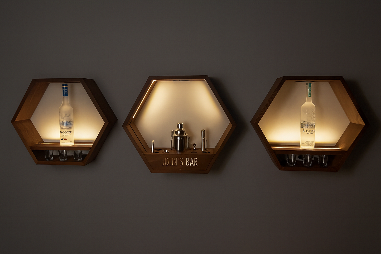 Illuminated Bar Hexagon Trio - Professional Home Bar Display System