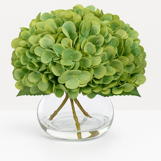 Faux Hydrangea Artificial Flowers with Glass Vase