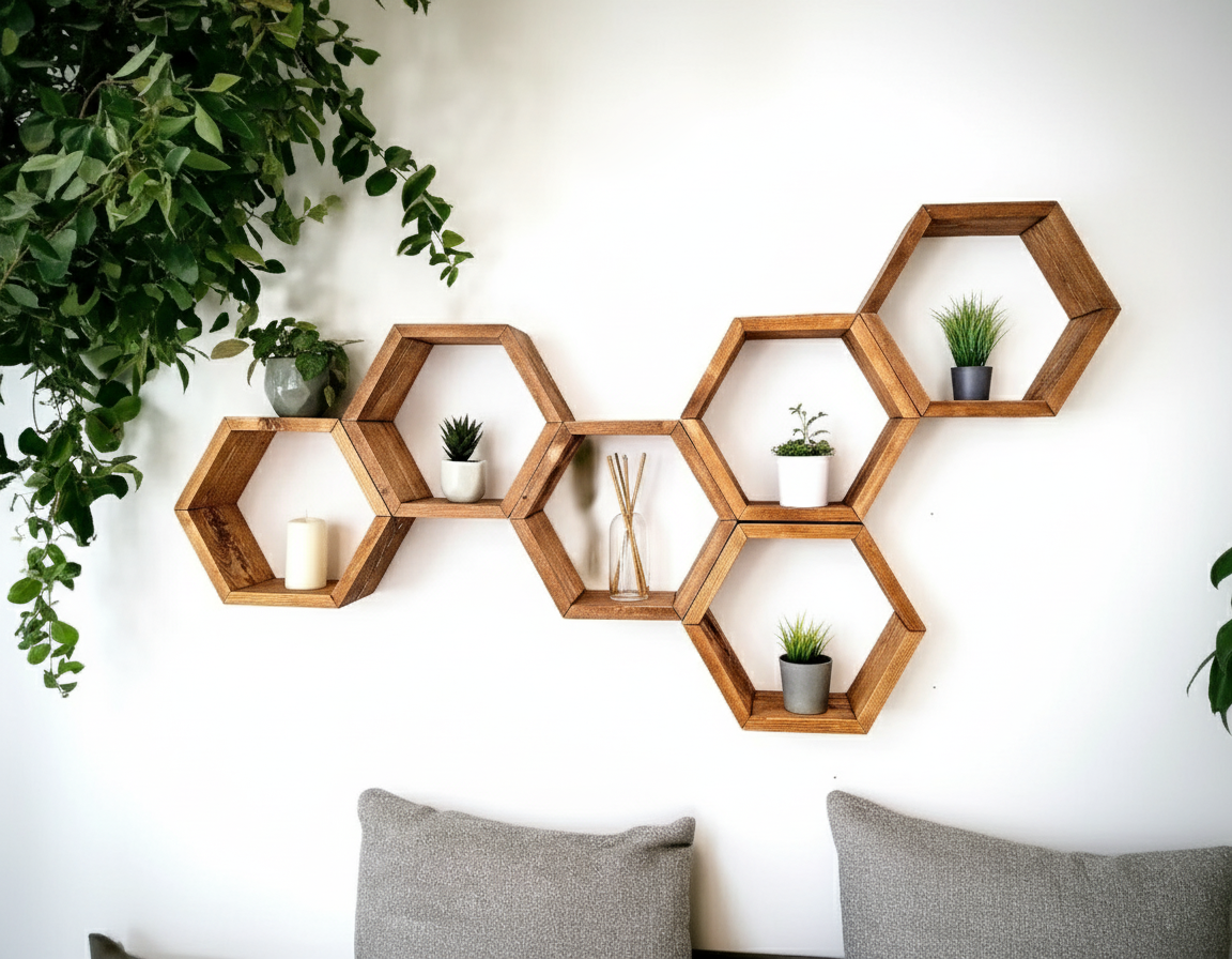 Floating Plant Shelves Hexagon Set - 5.5" Deep Wall Mounted Plant Display