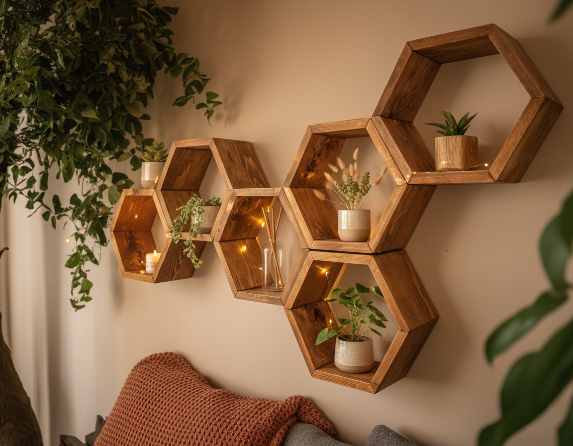 Floating Plant Shelves Hexagon Set - 5.5" Deep Wall Mounted Plant Display