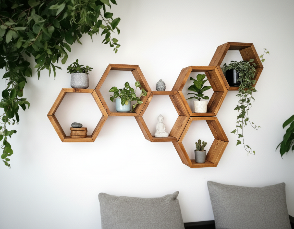 Floating Plant Shelves Hexagon Set - 5.5" Deep Wall Mounted Plant Display