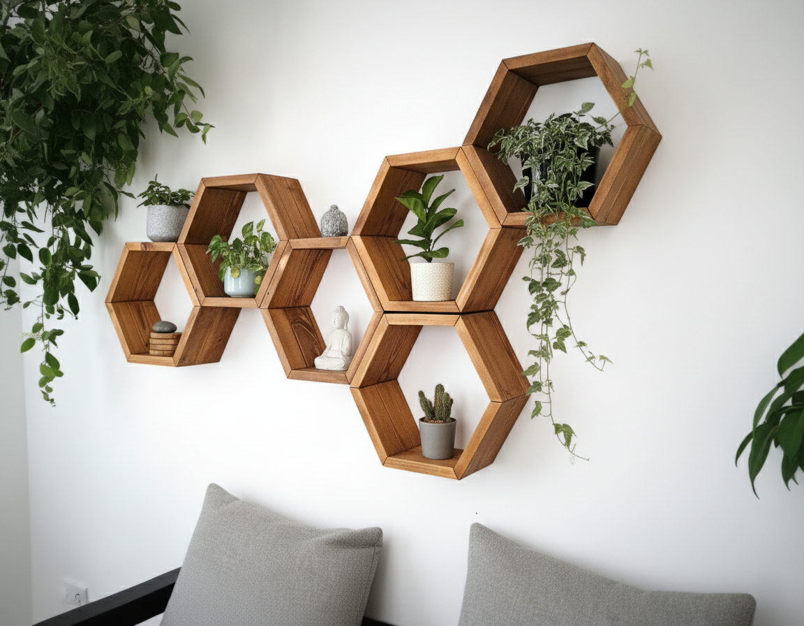 Floating Plant Shelves Hexagon Set - 5.5" Deep Wall Mounted Plant Display