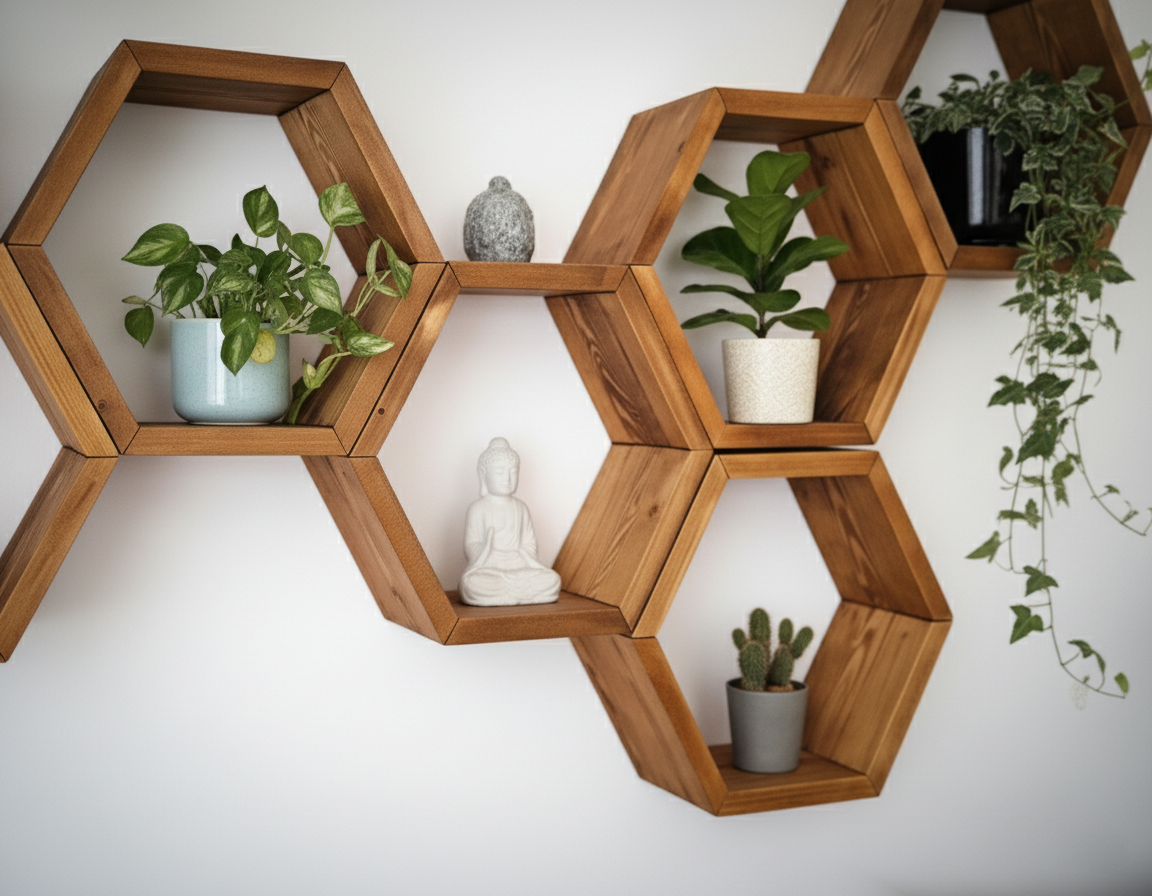 Floating Plant Shelves Hexagon Set - 5.5" Deep Wall Mounted Plant Display