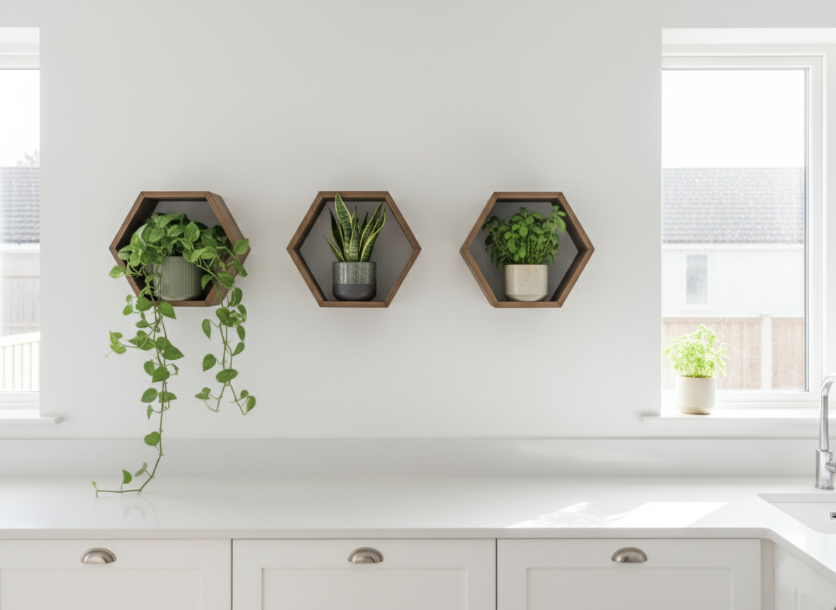Plant-Optimized Hexagon Floating Shelves - Handcrafted Wood Display for Plant Parents (9.25" Deep)