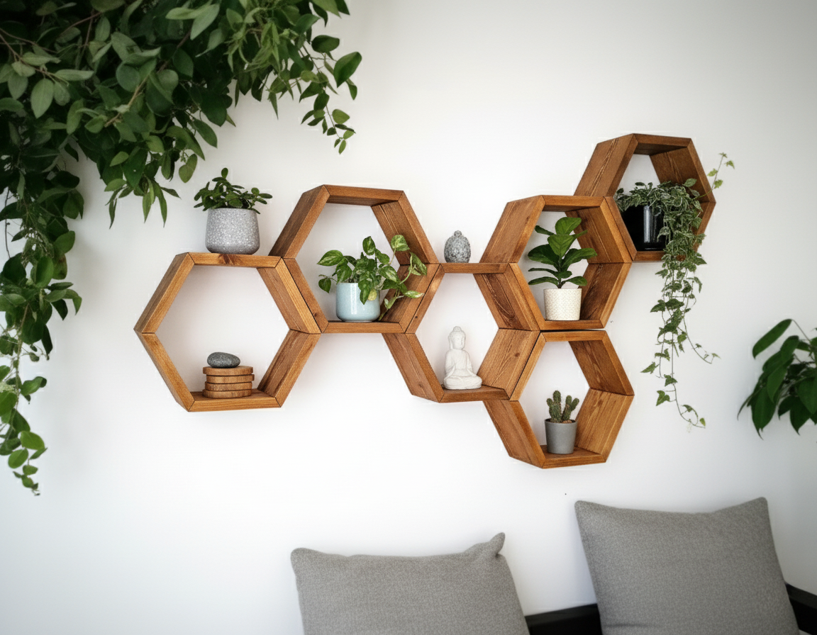 Floating Plant Shelves Hexagon Set - 5.5" Deep Wall Mounted Plant Display
