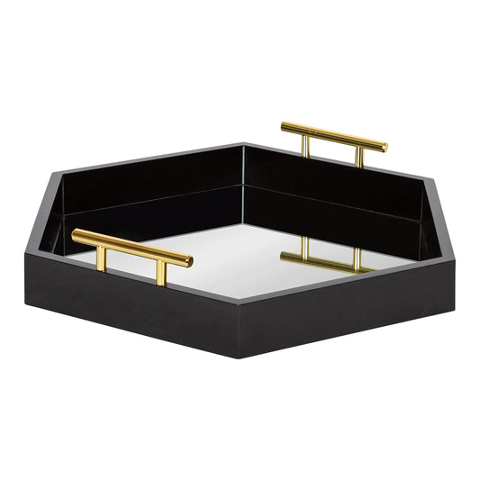 Modern Hexagon Mirrored Tray - 18 x 18 Black and Gold - Midcentury Decorative Serving Tray for Storage and Display