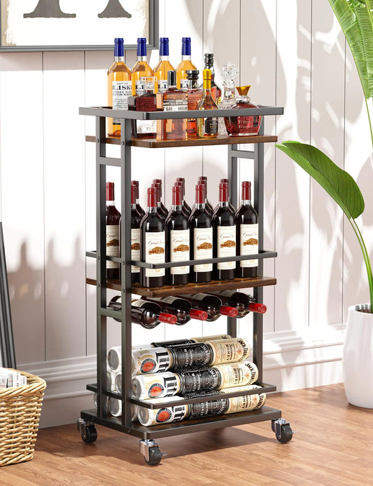 4-Tier Liquor Cart with Wine Rack - Mini Bar Cart