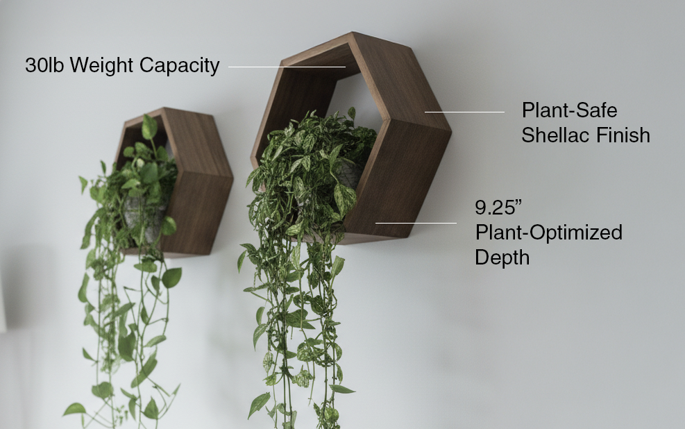 Plant-Optimized Hexagon Floating Shelves - Handcrafted Wood Display for Plant Parents (9.25" Deep)