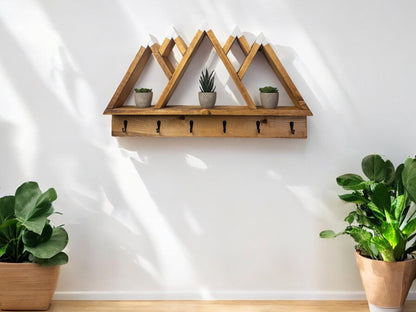 Wood Wall Mounted Coat Rack, 5 Peak Mountain Shelf with Hooks - 27" x 17"