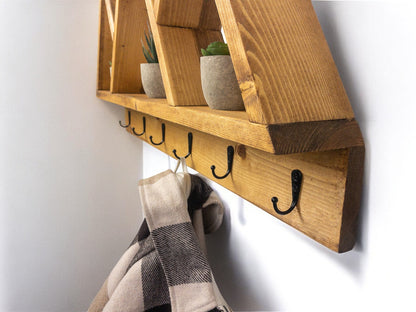 Wood Wall Mounted Coat Rack, 5 Peak Mountain Shelf with Hooks - 27" x 17"