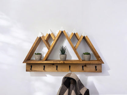 Wood Wall Mounted Coat Rack, 5 Peak Mountain Shelf with Hooks - 27" x 17"