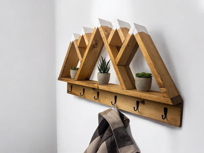 Wood Wall Mounted Coat Rack, 5 Peak Mountain Shelf with Hooks - 27" x 17"