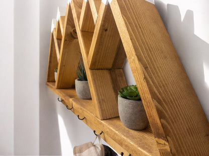 Wood Wall Mounted Coat Rack, 5 Peak Mountain Shelf with Hooks - 27" x 17"