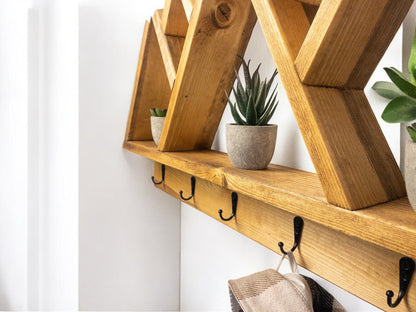 Wood Wall Mounted Coat Rack, 5 Peak Mountain Shelf with Hooks - 27" x 17"