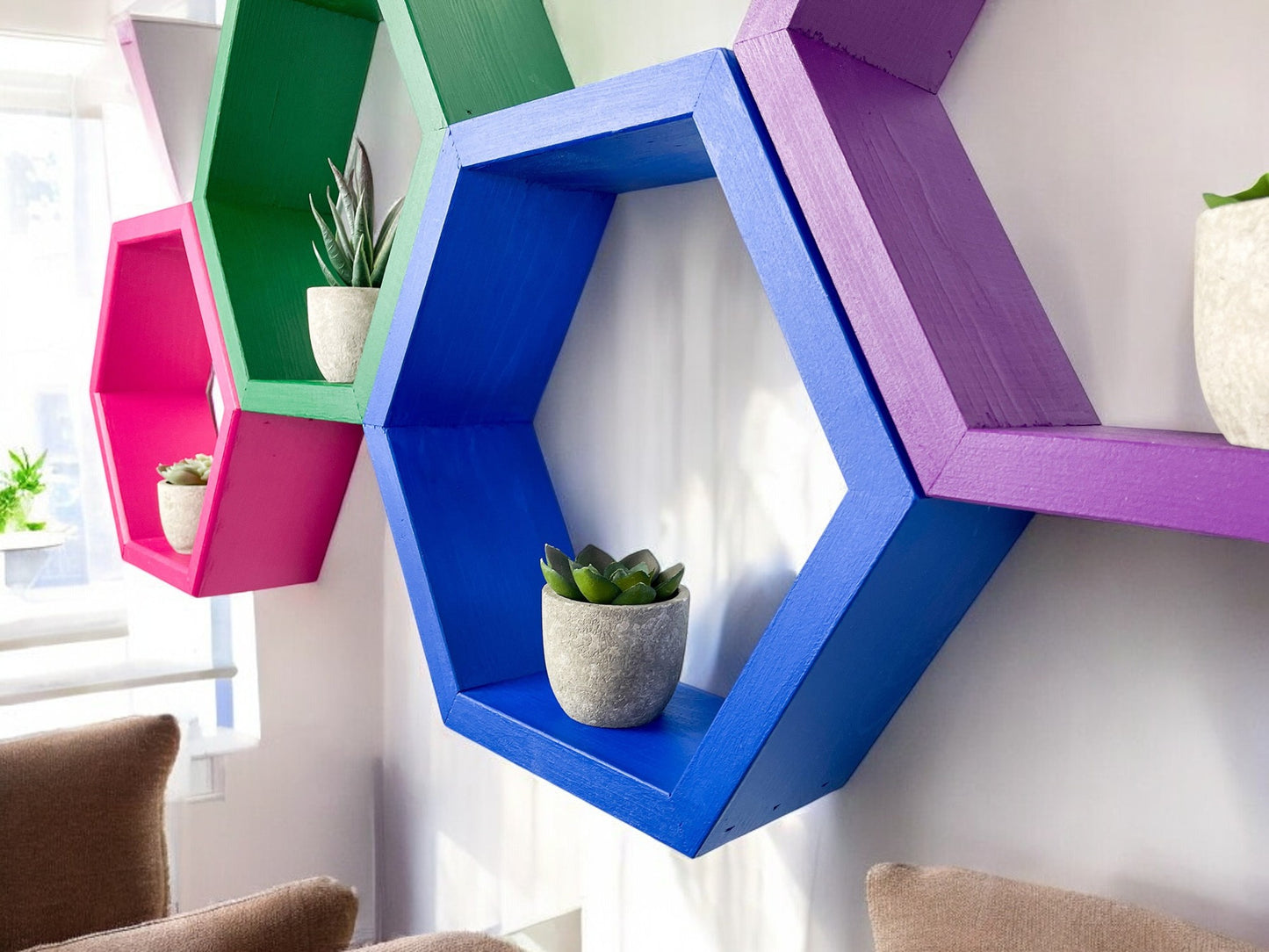 Set of 4 Multi-colored Hexagon Shelves - 3.5" Depth