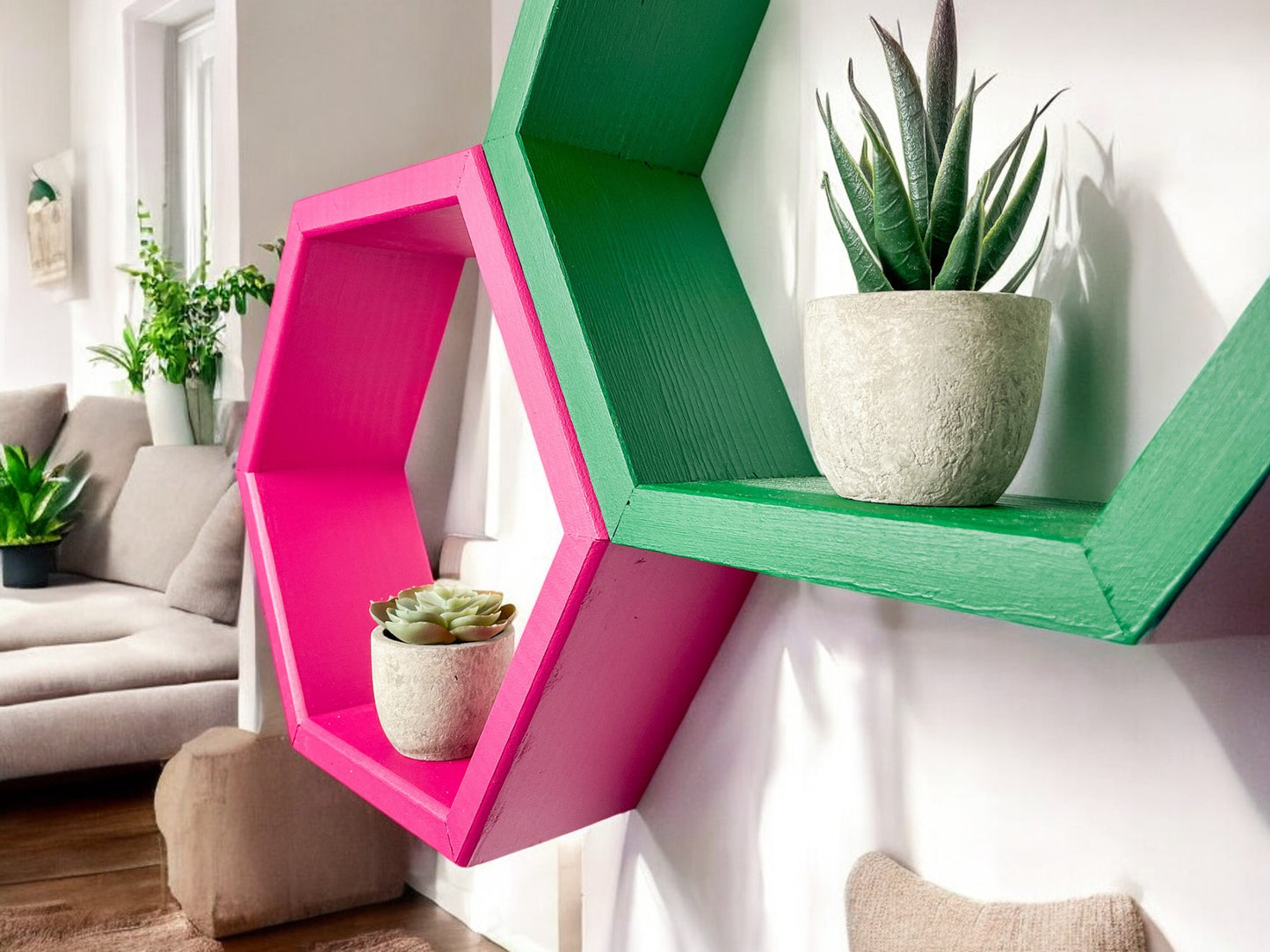Set of 4 Multi-colored Hexagon Shelves - 3.5" Depth
