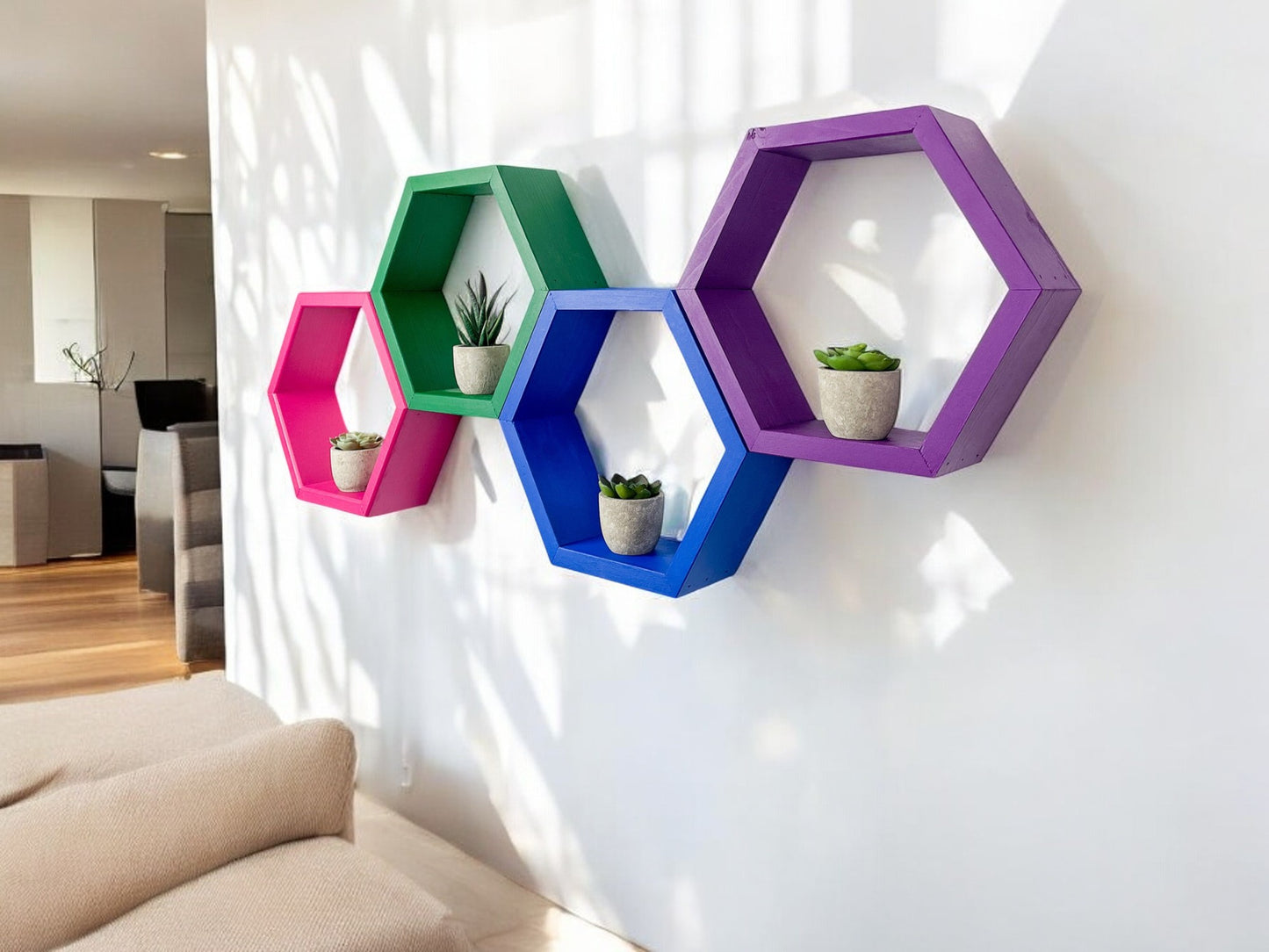 Set of 4 Multi-colored Hexagon Shelves - 3.5" Depth