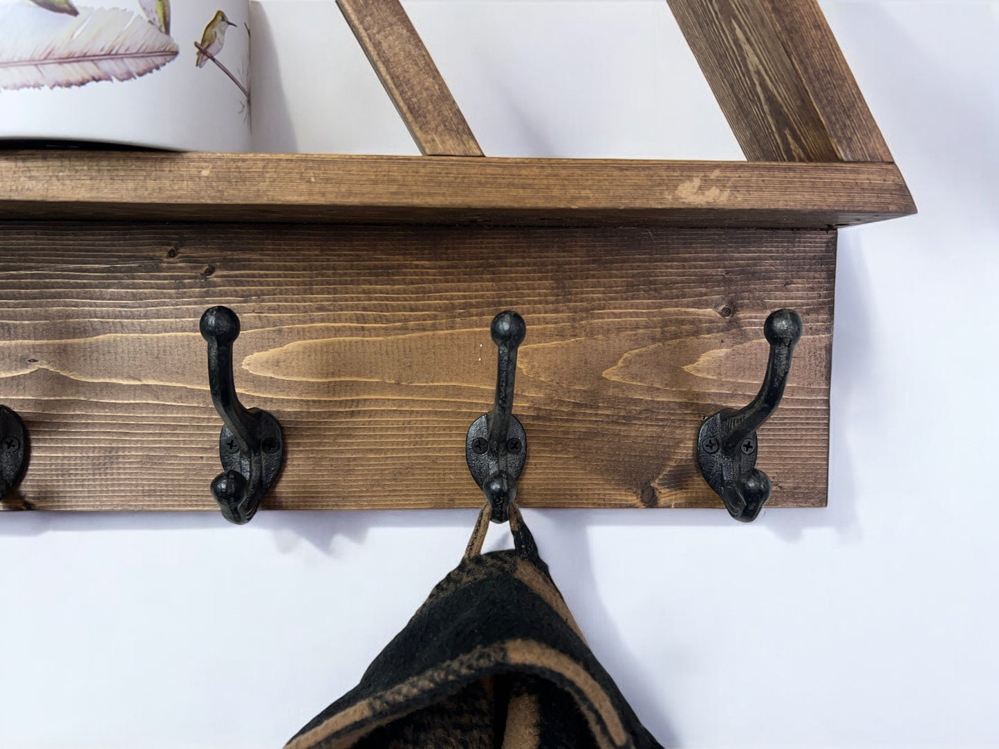 Wood Wall Mounted Coat Rack, Mountain Shelf with Heavy Duty Hooks - 27" x 17"