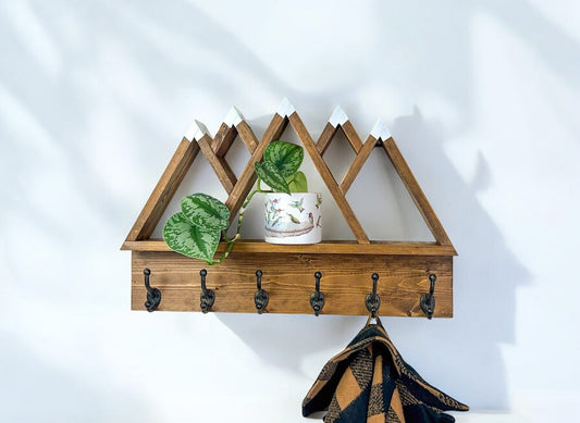Wood Wall Mounted Coat Rack, Mountain Shelf with Heavy Duty Hooks - 27" x 17"