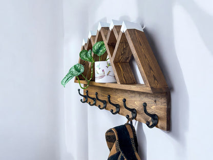 Wood Wall Mounted Coat Rack, Mountain Shelf with Heavy Duty Hooks - 27" x 17"