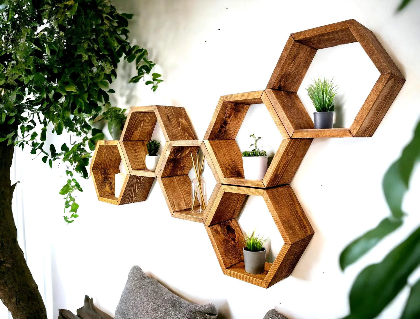 Floating Plant Shelves Hexagon Set - 5.5" Deep Wall Mounted Plant Display