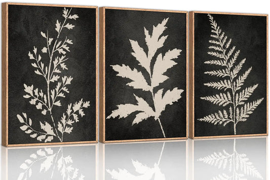 Black Tan Fern Leaf Framed Canvas Wall Art Set -36"x24"x3