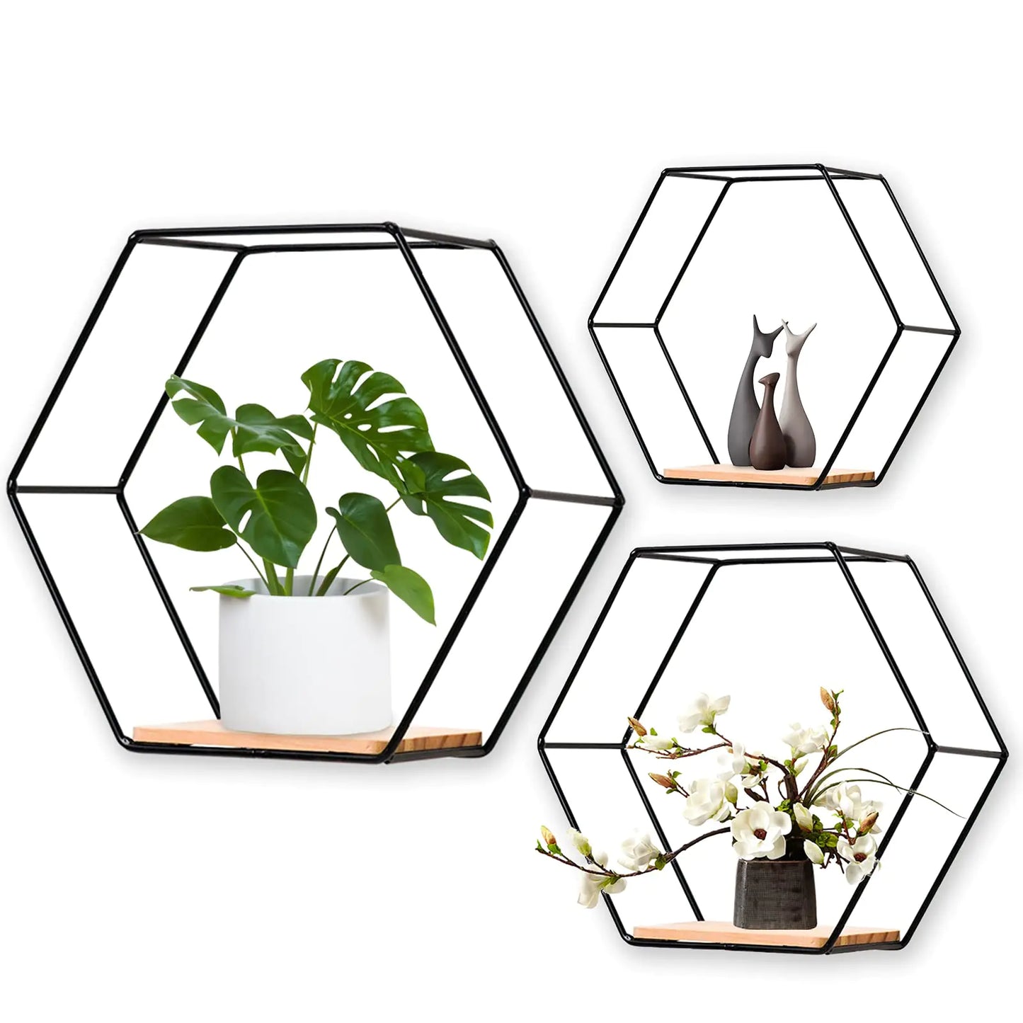 Wall Mounted Hexagonal Floating Shelves Black - Set of 3