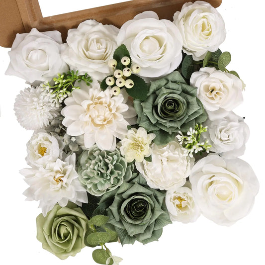 Artificial Flowers Combo Box - Set Fake Flowers Dahlia White Roses