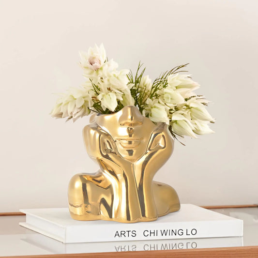Gold Ceramic Human Face Vase