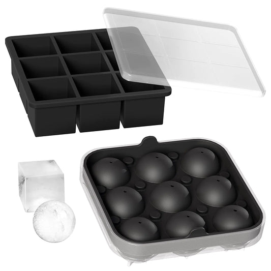Ice Tray Combo - Silicone Reusable 2 inch Big Ice Freezer Mold 9 Cubes& 9 Sphere Ice Maker tray with lid for Whiskey 2 pack.