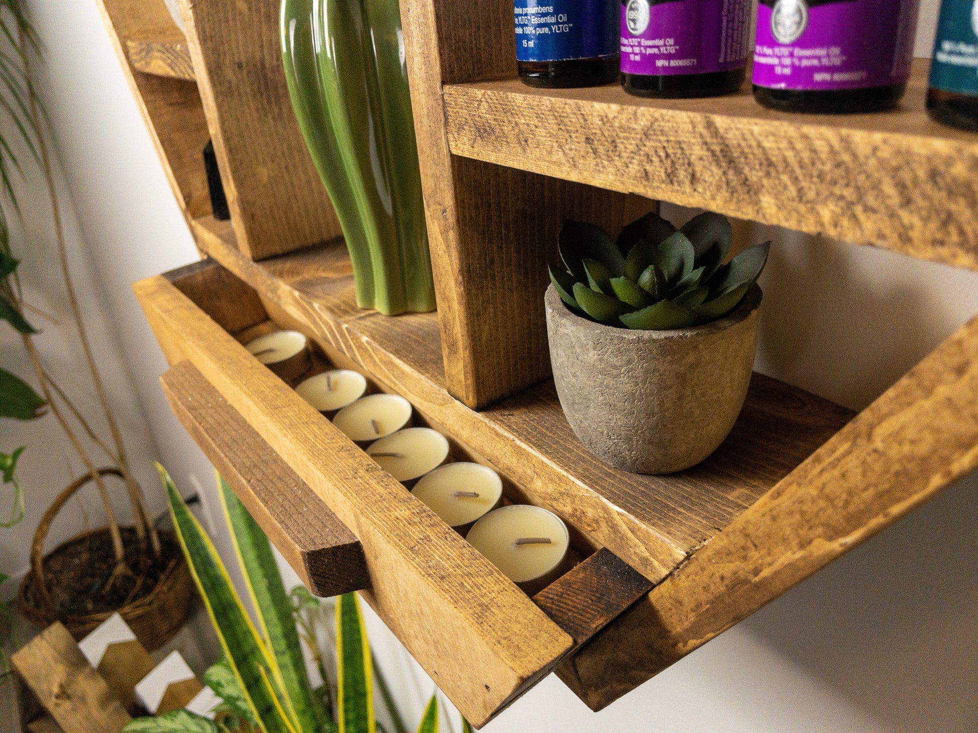 Large Hexagon Wall Shelf - 28"x 24.2" - Essential Oil Shelf -  Crystal display shelf. Floating hexagon shelf with optional drawer.