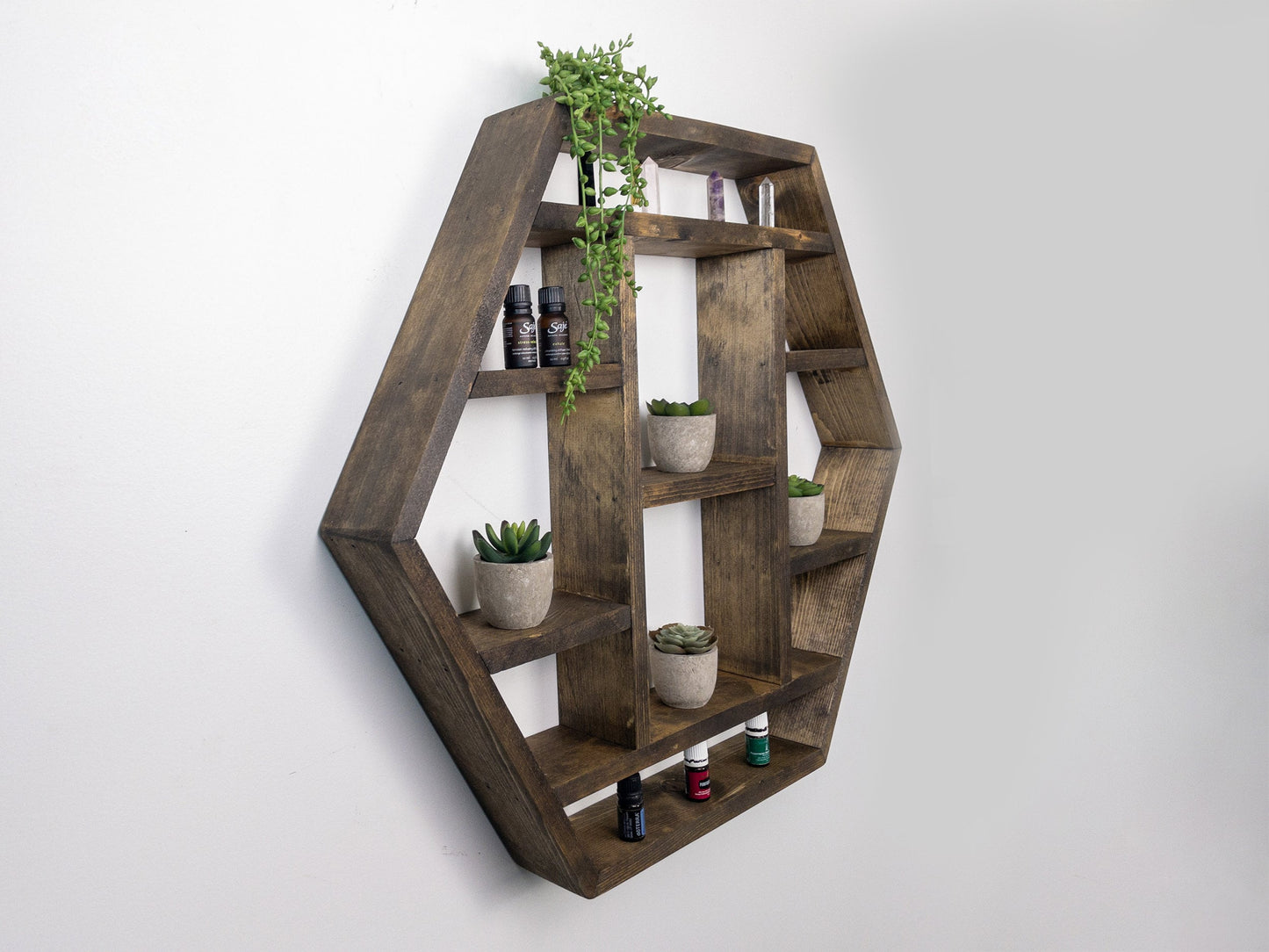 Large Hexagon Wall Shelf - 28"x 24.2" - Essential Oil Shelf -  Crystal display shelf. Floating hexagon shelf with optional drawer.
