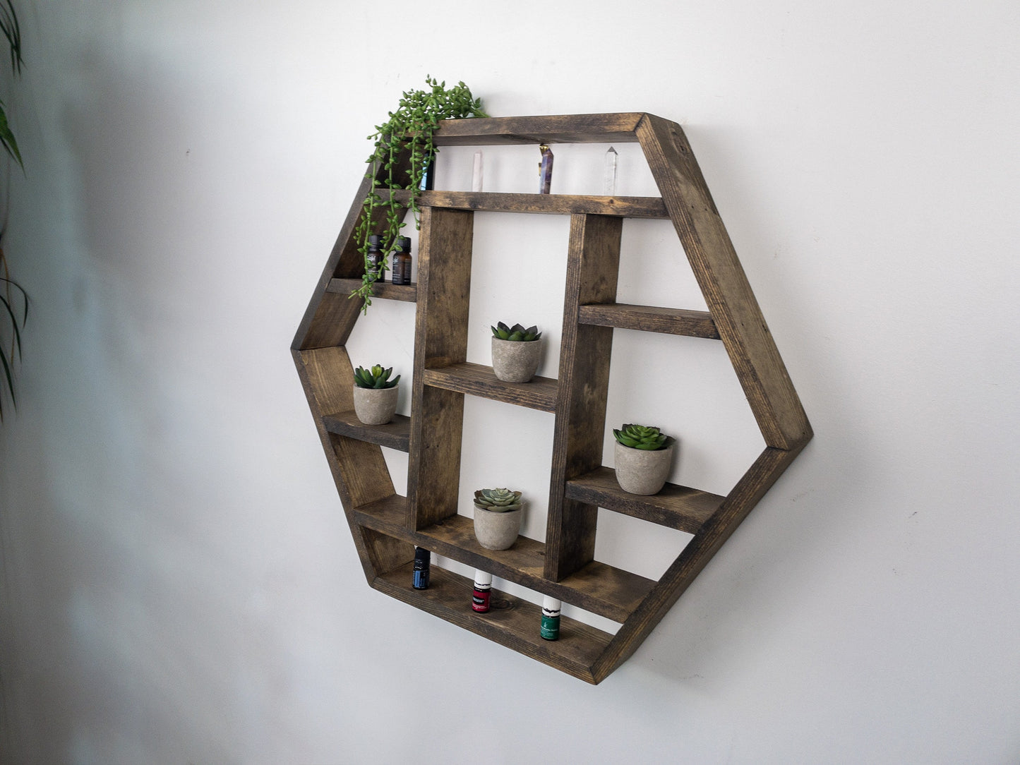 Large Hexagon Wall Shelf - 28"x 24.2" - Essential Oil Shelf -  Crystal display shelf. Floating hexagon shelf with optional drawer.