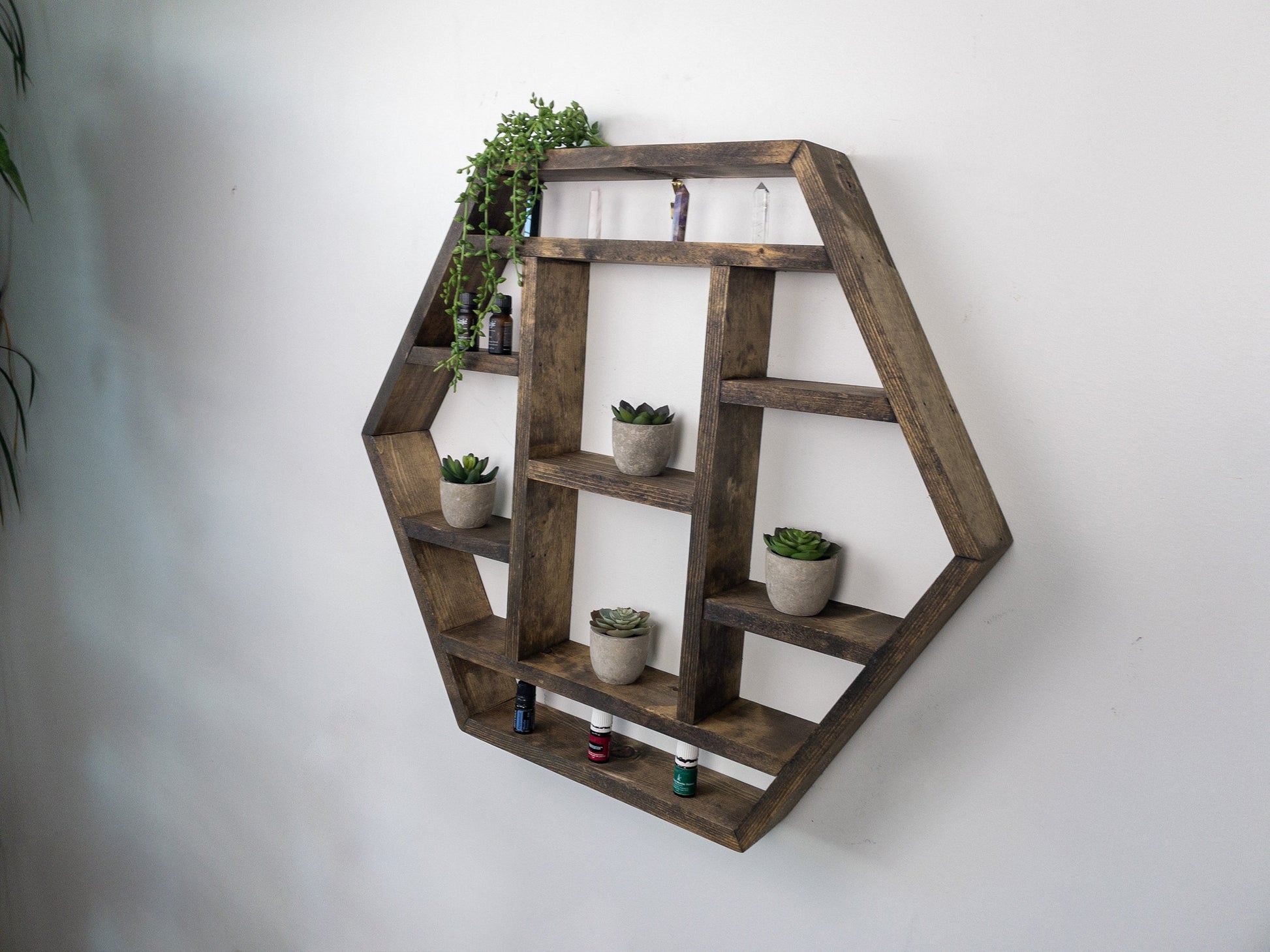 Large Hexagon Wall Shelf - 28"x 24.2" - Essential Oil Shelf -  Crystal display shelf. Floating hexagon shelf with optional drawer.
