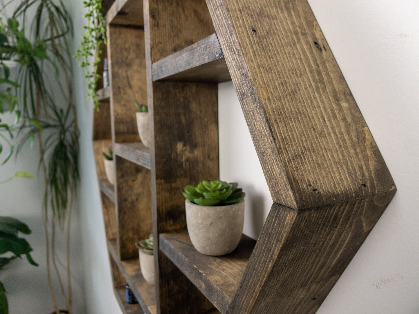 Large Hexagon Wall Shelf - 28"x 24.2" - Essential Oil Shelf -  Crystal display shelf. Floating hexagon shelf with optional drawer.