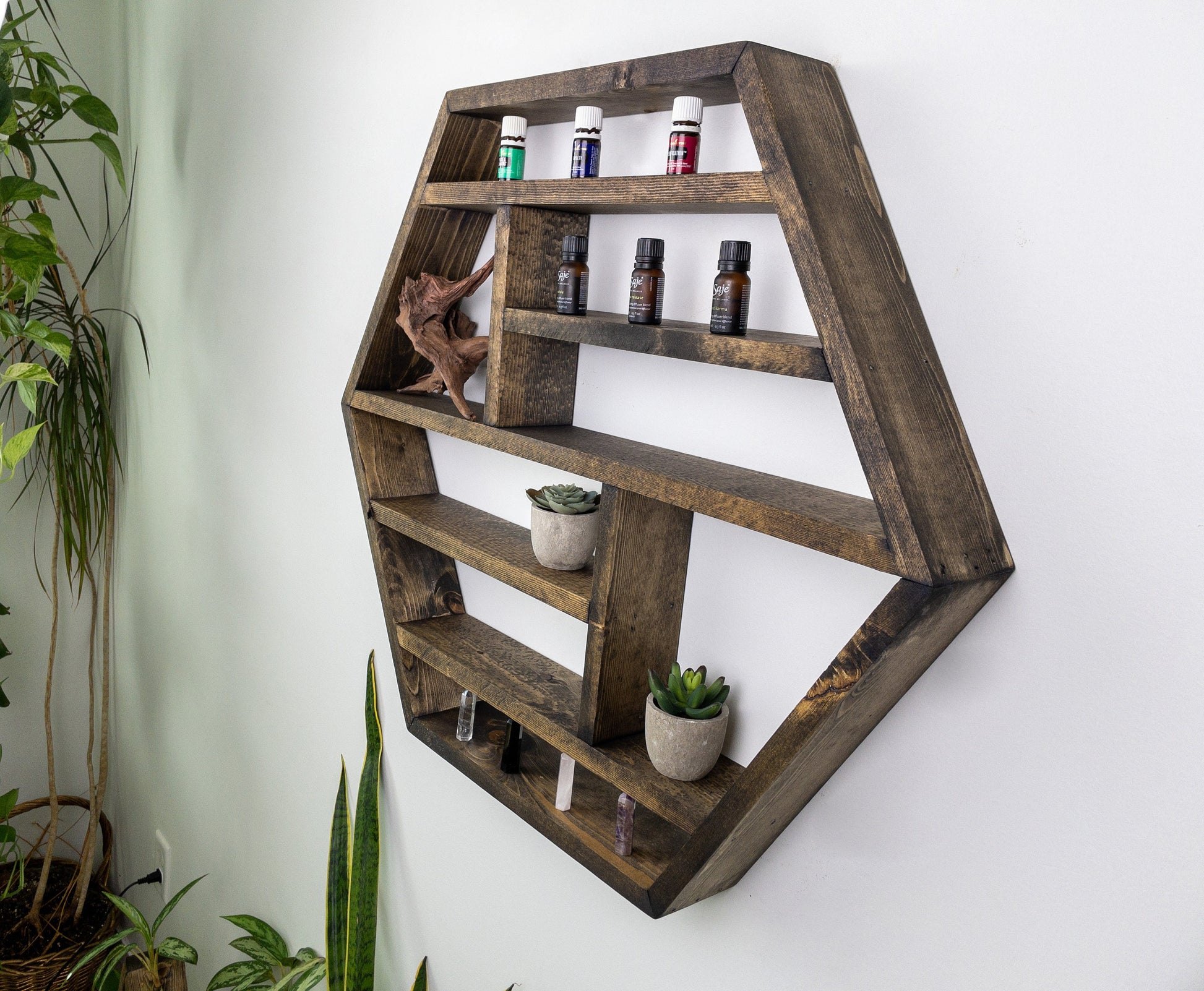 Large Essential Oil Shelf - Honeycomb Wall Shelf - 28"x 24.2" - Crystal display shelf. Floating hexagon shelf with optional drawer.